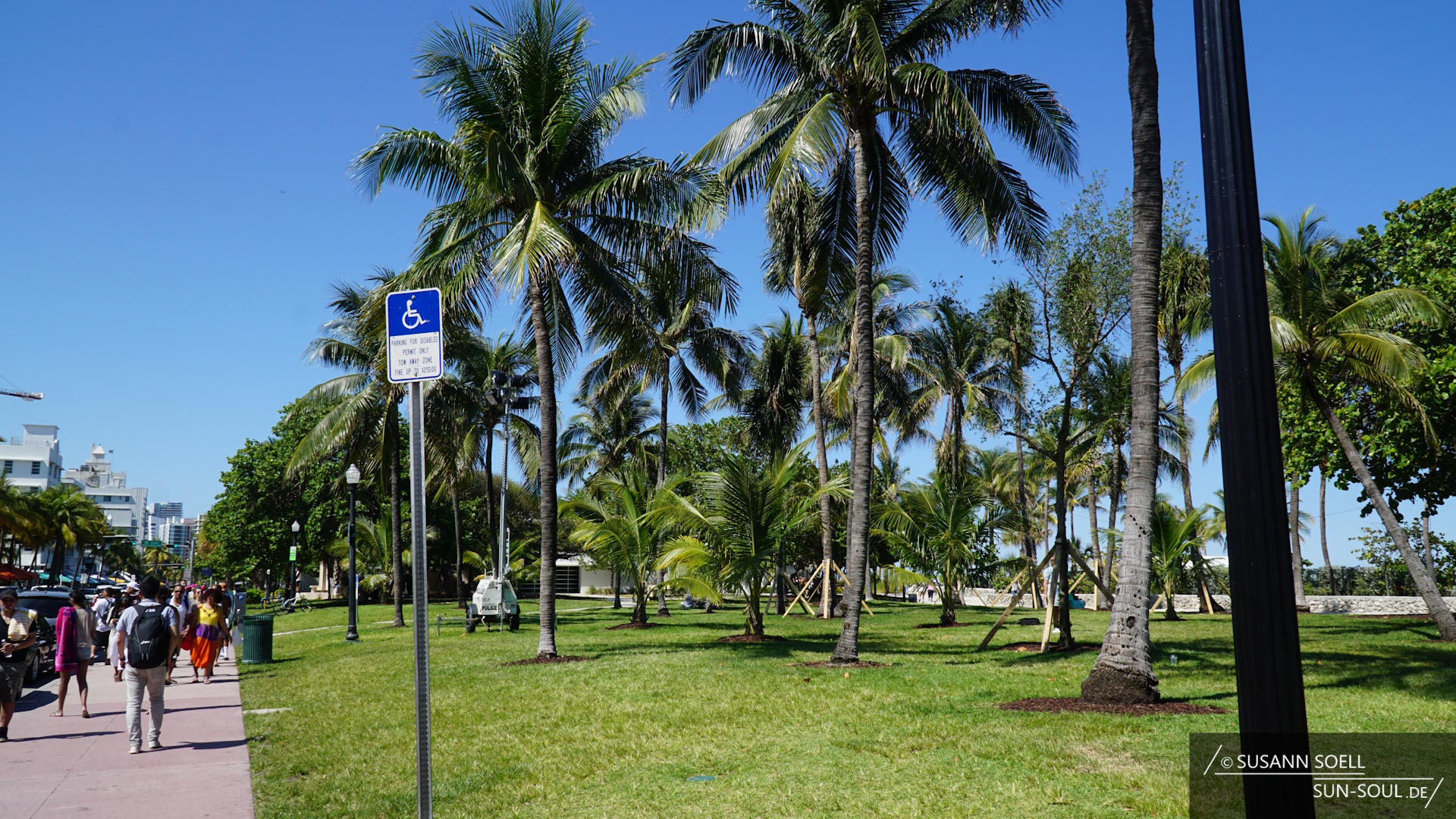 Auf dem Grünstreifen zwischen Hotels und Strand wachsen Palmen und stehen Fitnessgeräte für Sportbegeisterte zur Verfügung