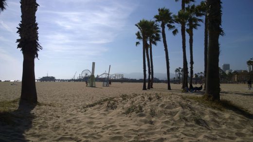 Blick auf den Santa Monica Beach: Strand, Palmen und im Hintergrund ein Riesenrad
